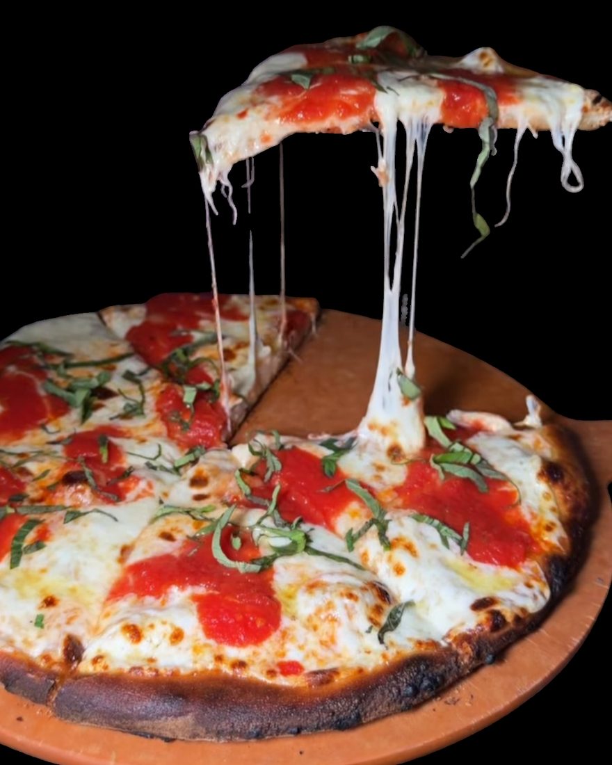 Fresh mozzarella cheese pull on a wood-fired pizza