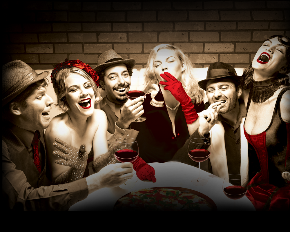 The Sicilian Oven mural — friends sharing pizza and wine