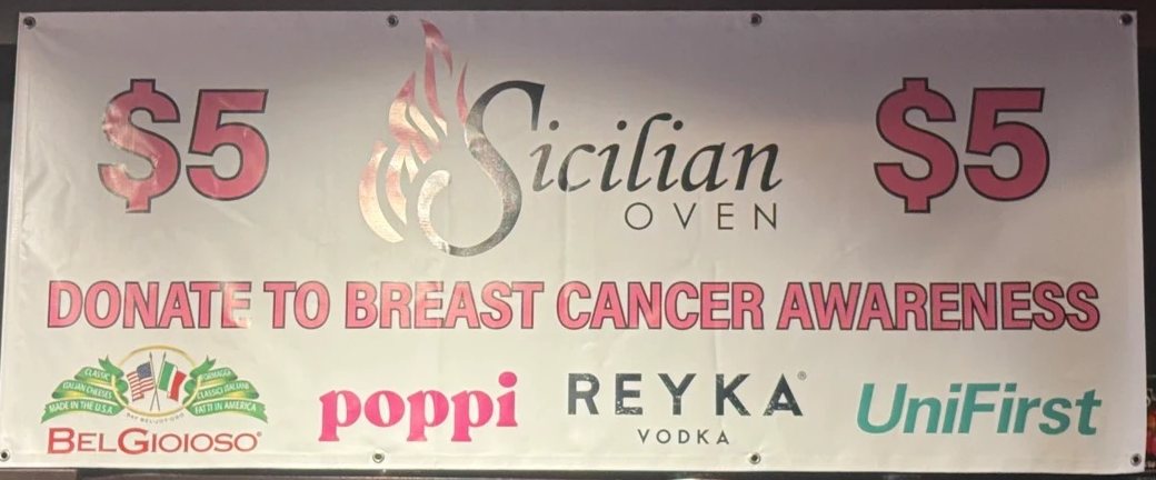 Sicilian Oven Think Pink banner: $5 donate to breast cancer awareness, with partners BelGioioso, PepsiCo (poppi), Reyka Vodka and UniFirst